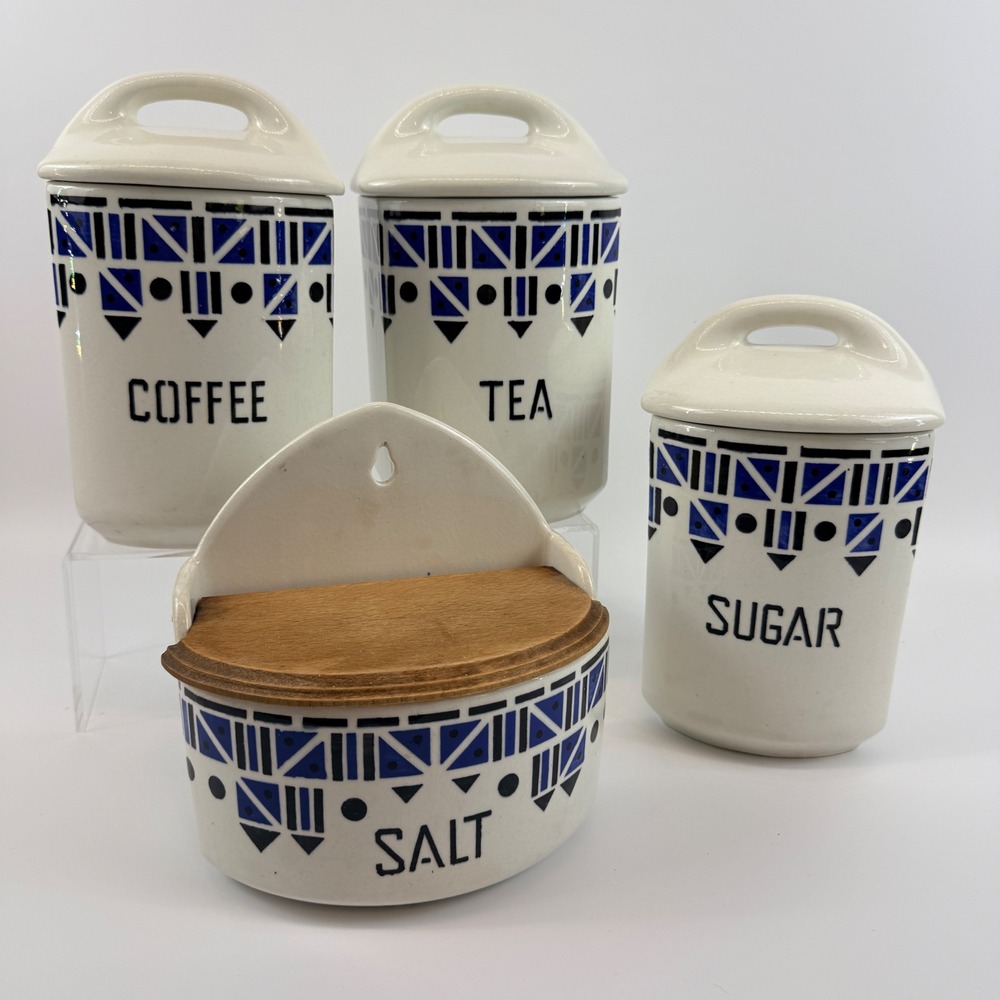 Art Deco Czech Pottery Canister Set Salt Box Yvonne Czechoslovakia Cobalt‎ Blue
